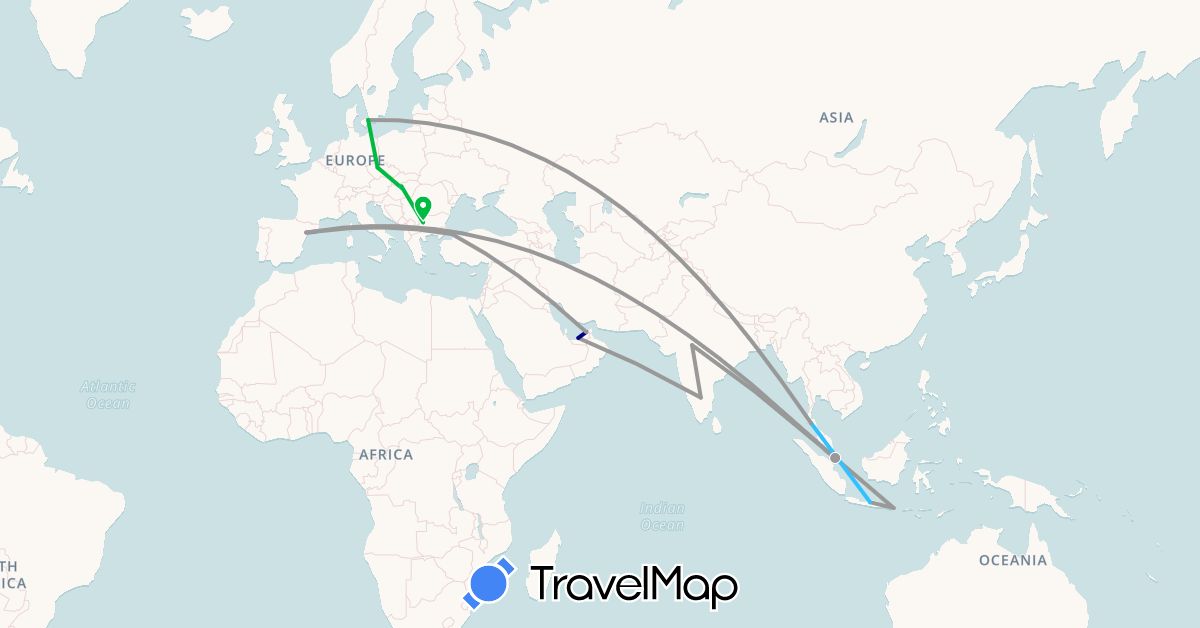 TravelMap itinerary: driving, bus, plane, train, boat in United Arab Emirates, Bulgaria, Czech Republic, Denmark, Spain, Hungary, Indonesia, India, Singapore, Thailand, Turkey (Asia, Europe)